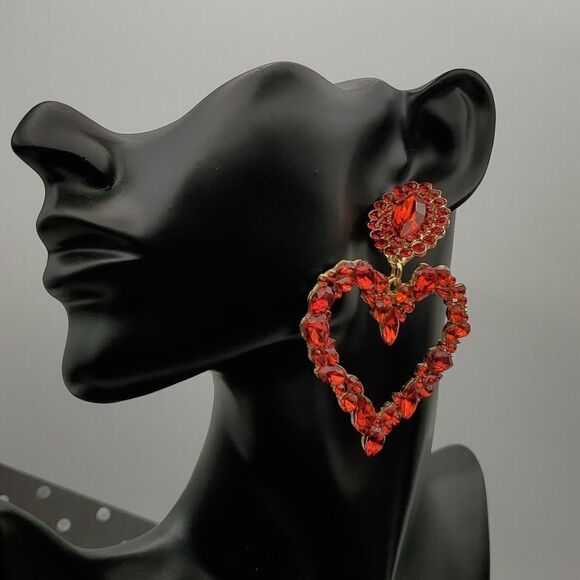 NEW BLING HEART RHINESTONE DANGLE STUD EARRINGS VALENTINE'S DAY - Picture 2 of 9
